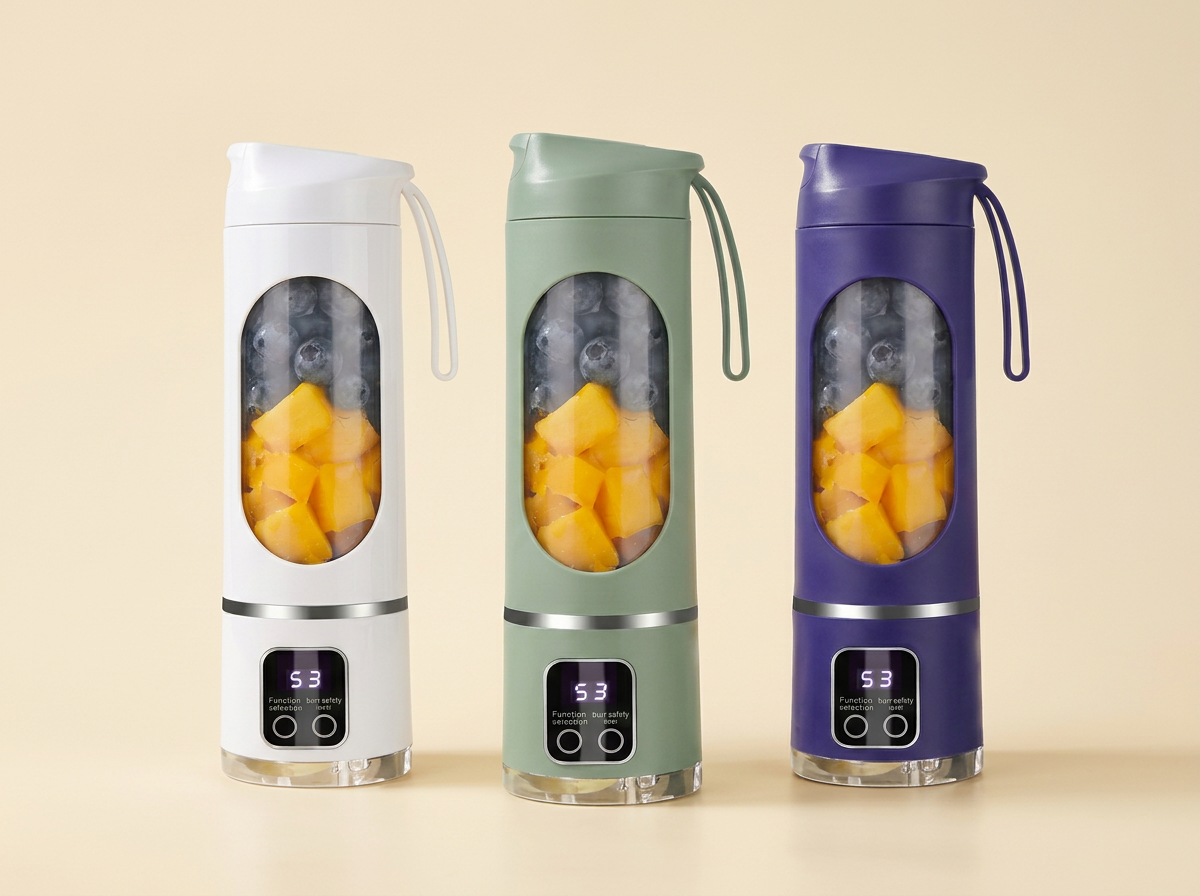 Pulp portable juicer shown in white, sage green, and purple colors